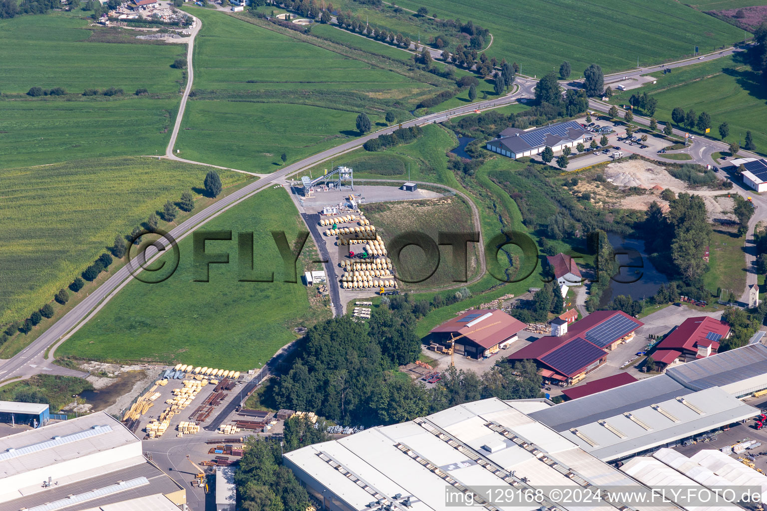 Building and production halls on the premises of Liebherr-Mischtechnik GmbH in Bad Schussenried in the state Baden-Wuerttemberg, Germany from the drone perspective