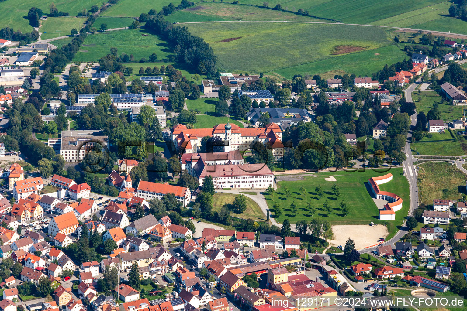 Oblique view of Complex of buildings of the monastery in Bad Schussenried in the state Baden-Wuerttemberg, Germany