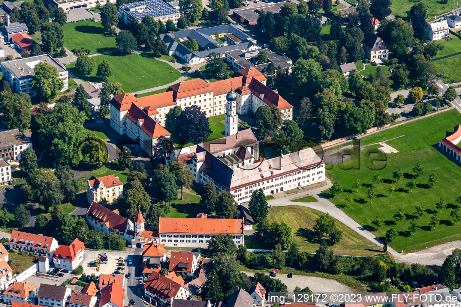Complex of buildings of the monastery in Bad Schussenried in the state Baden-Wuerttemberg, Germany from above