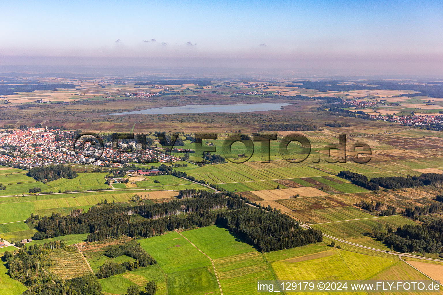 Aerial view of Lake Federsee in Bad Buchau in the state Baden-Wuerttemberg, Germany