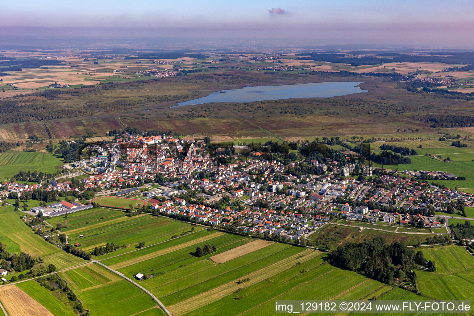 Town View of the streets and houses of the residential areas in front of the Federsee in Bad Buchau in the state Baden-Wuerttemberg, Germany