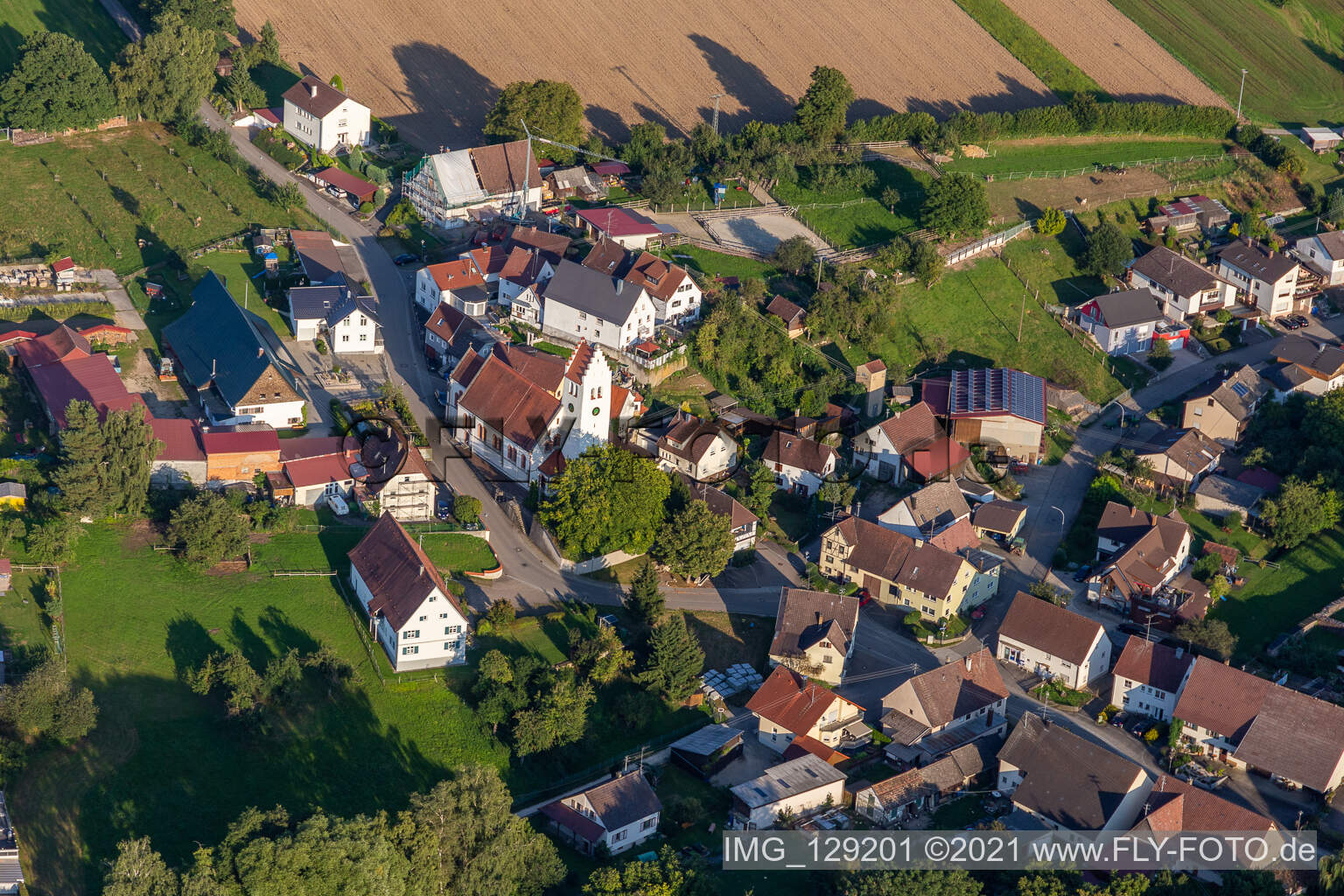Aerial view of Church of St. Peter and Paul in Scheer in the state Baden-Wuerttemberg, Germany
