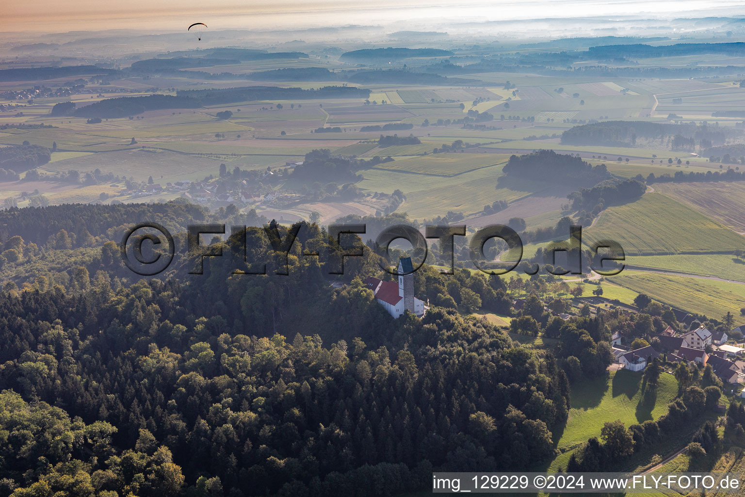 Aerial view of Mountain Bussen with Pilgrimage church in the district Offingen in Uttenweiler in the state Baden-Wuerttemberg, Germany