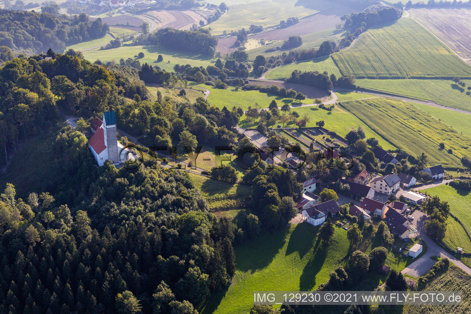 Aerial view of St. Johannes Baptist on the Bussen, holy mountain of Upper Swabia in Uttenweiler in the state Baden-Wuerttemberg, Germany