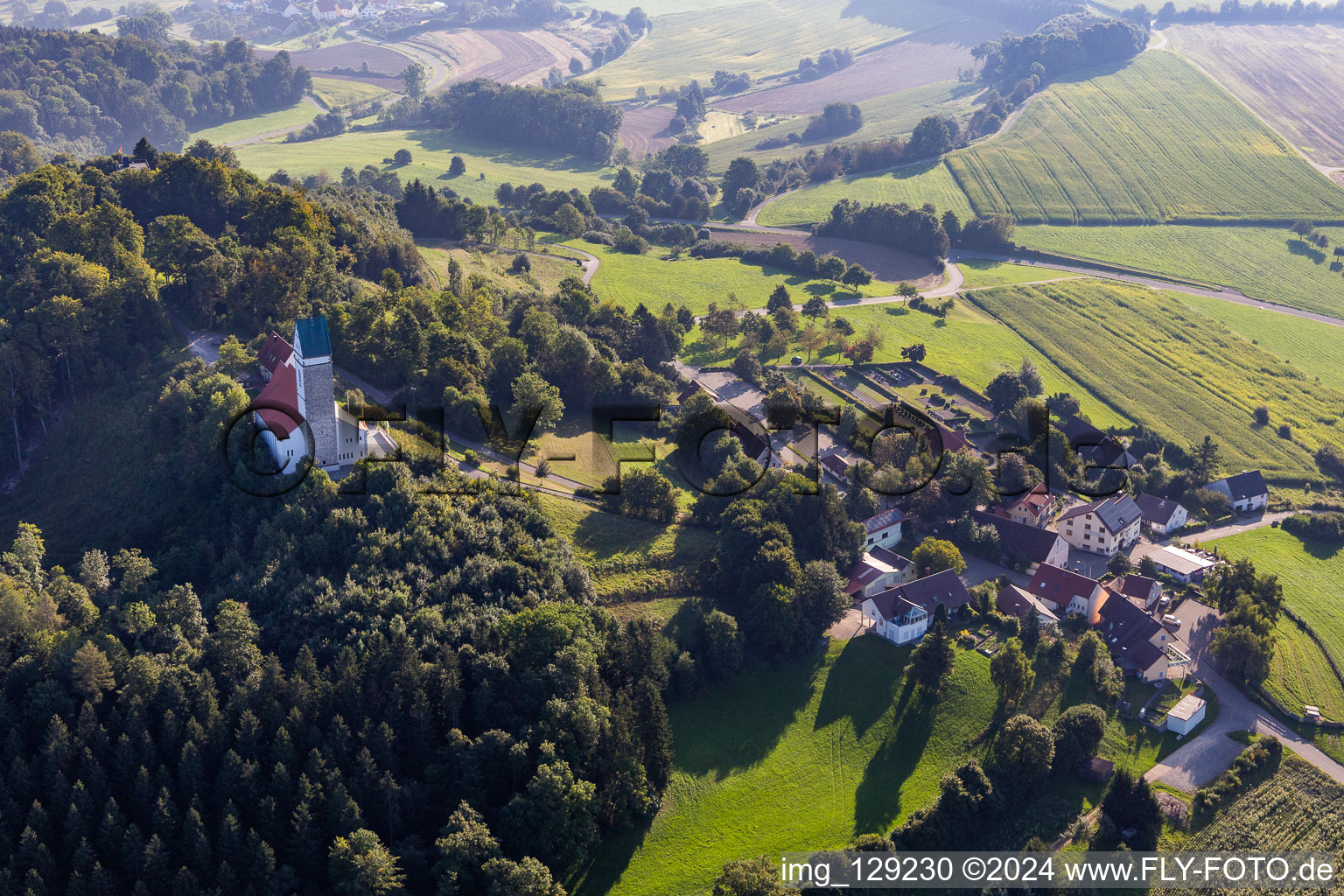 Aerial view of St. Johannes Baptist on the Bussen, holy mountain of Upper Swabia in Uttenweiler in the state Baden-Wuerttemberg, Germany