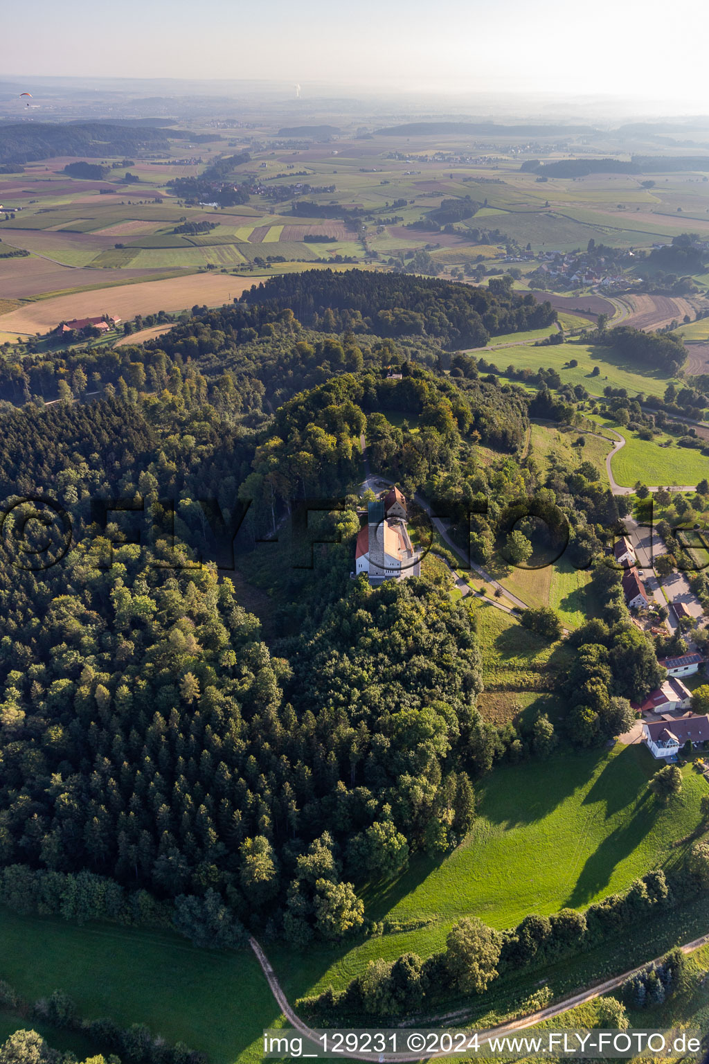 Aerial photograpy of St. John the Baptist on the Bussen, holy mountain of Upper Swabia in the district Offingen in Uttenweiler in the state Baden-Wuerttemberg, Germany