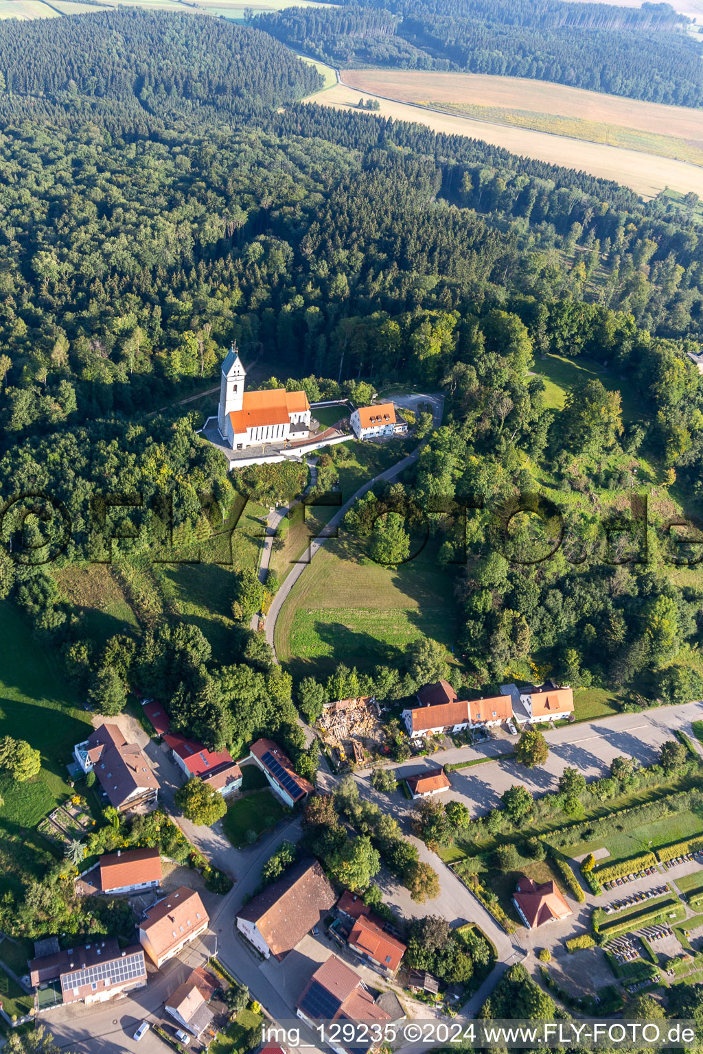 Oblique view of St. John the Baptist on the Bussen, holy mountain of Upper Swabia in the district Offingen in Uttenweiler in the state Baden-Wuerttemberg, Germany