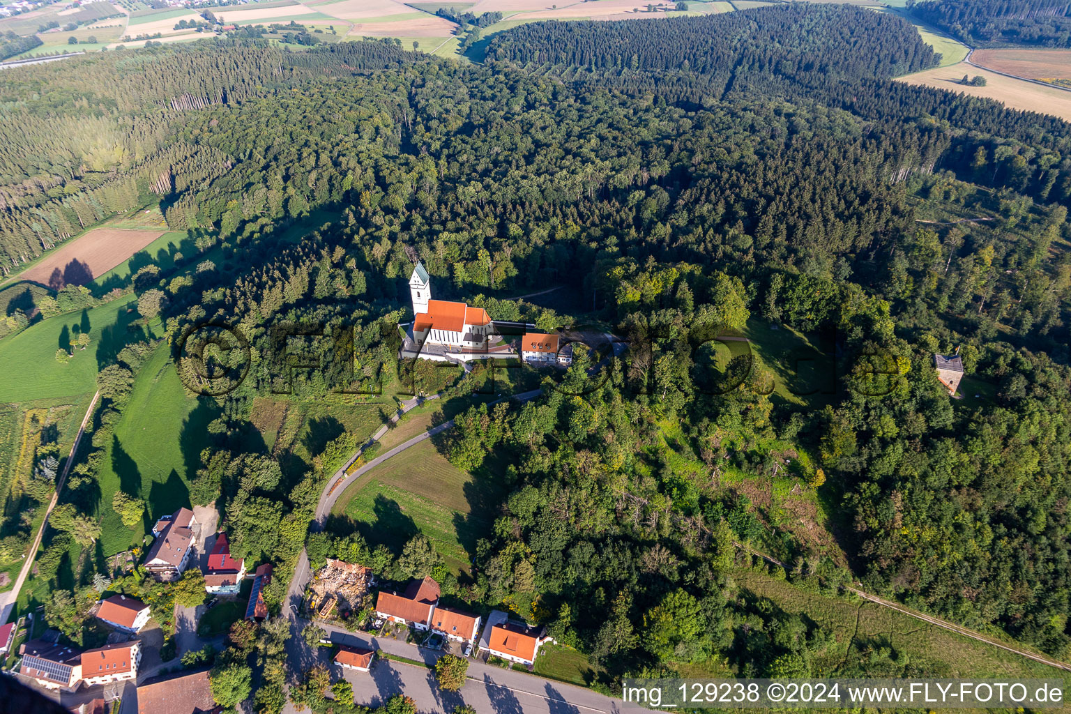 St. John the Baptist on the Bussen, holy mountain of Upper Swabia in the district Offingen in Uttenweiler in the state Baden-Wuerttemberg, Germany from above