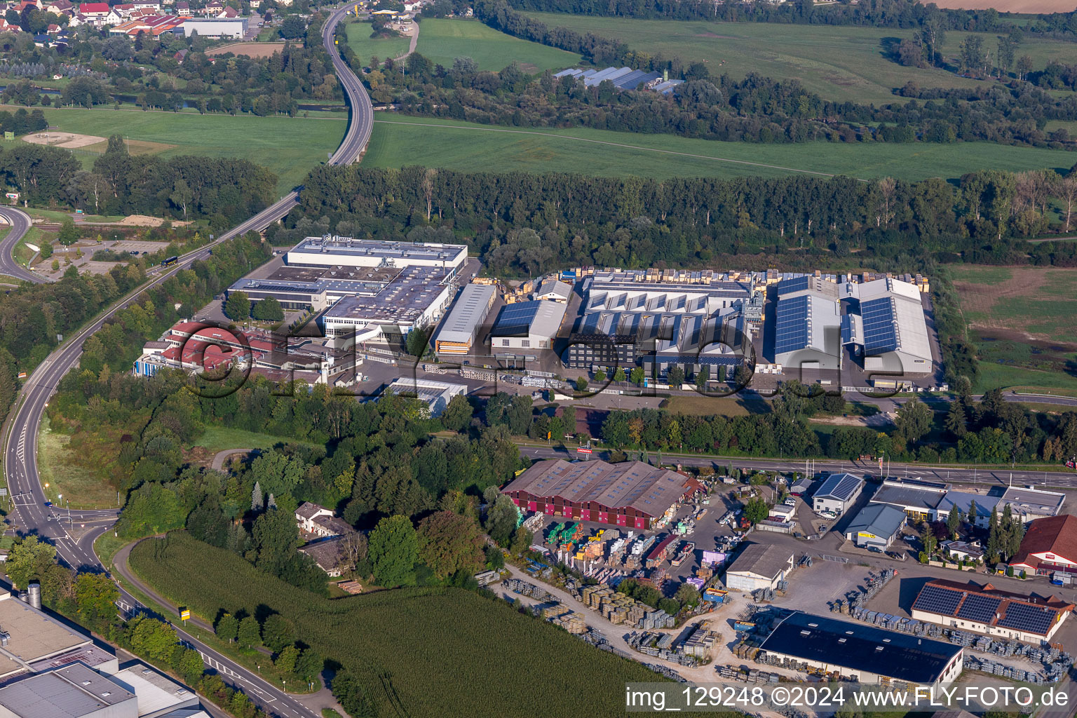 Aerial view of Building and production halls on the premises of Linzmeier Bauelemente GmbH and FEINGUSS BLANK GmbH in Riedlingen in the state Baden-Wuerttemberg, Germany