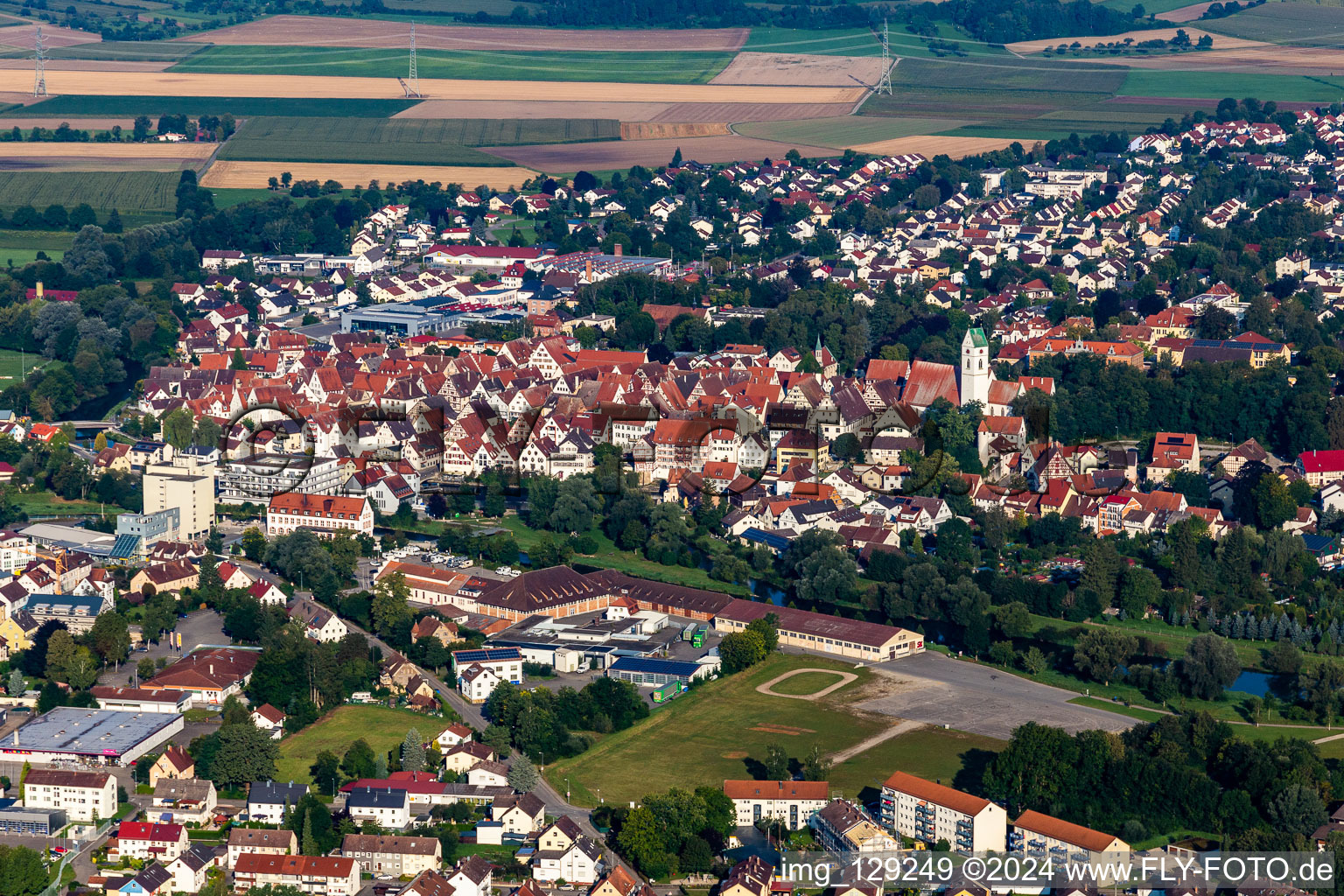 Aerial view of Village on the banks of the area of the river Danube - river course in Riedlingen in the state Baden-Wuerttemberg, Germany