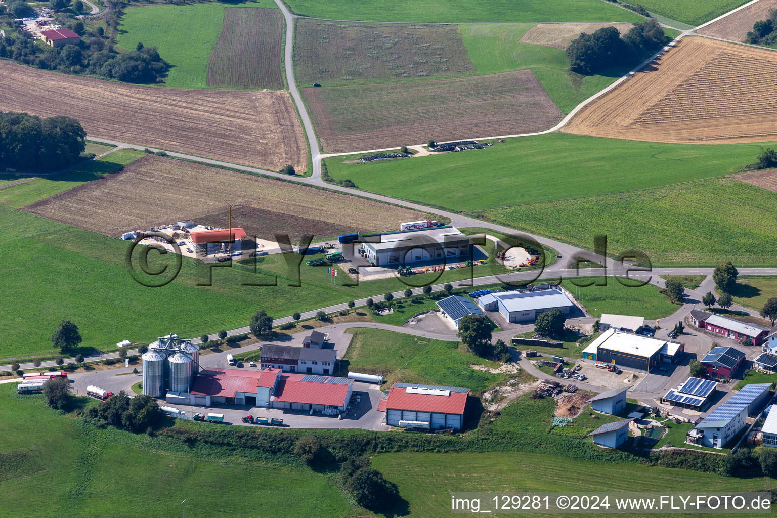 High silo and grain storage with adjacent storage of Stauss Landhandel GmbH in Inneringen in the state Baden-Wuerttemberg, Germany