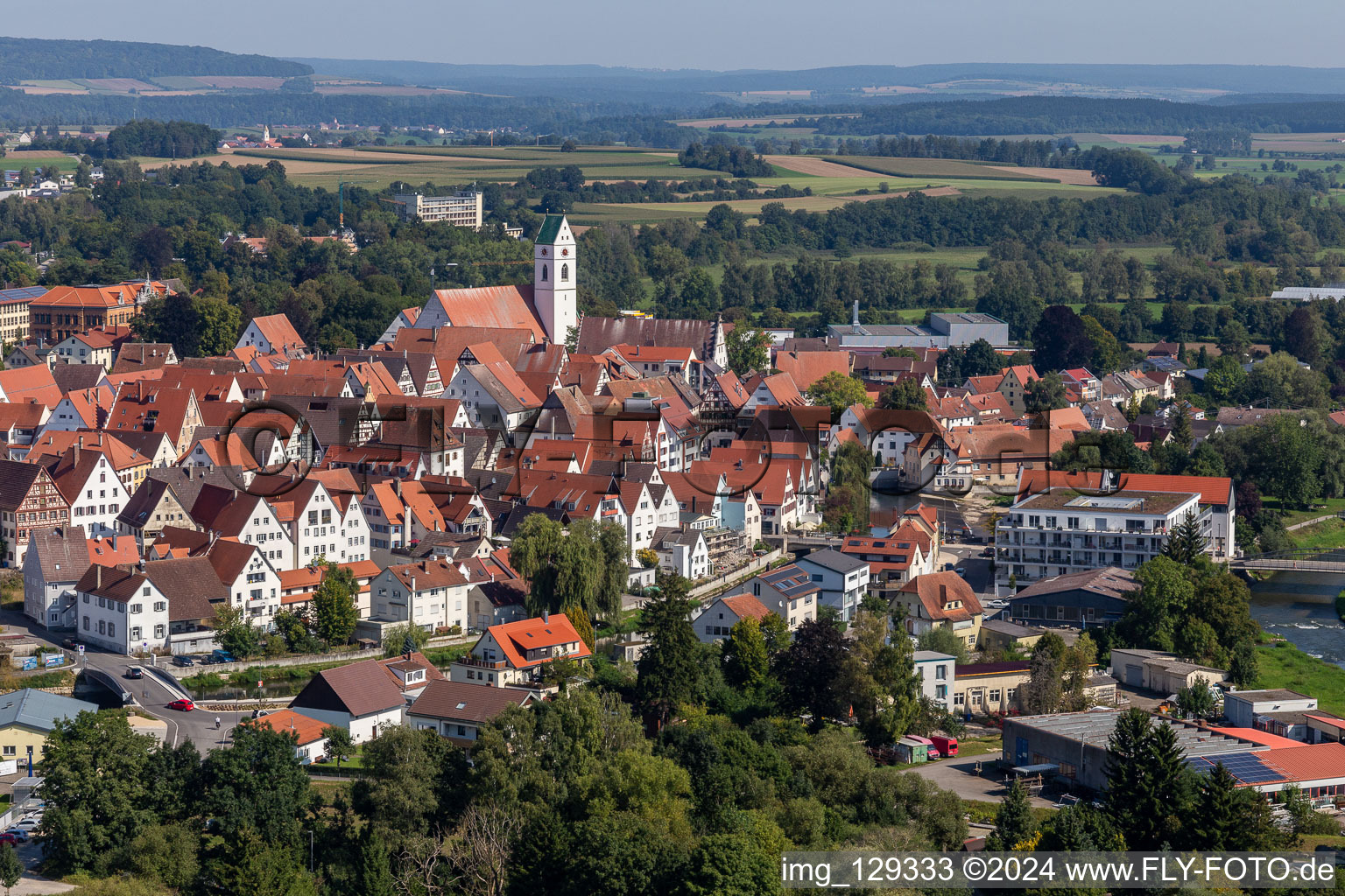 Oblique view of Old Town area and city center in Riedlingen in the state Baden-Wuerttemberg, Germany