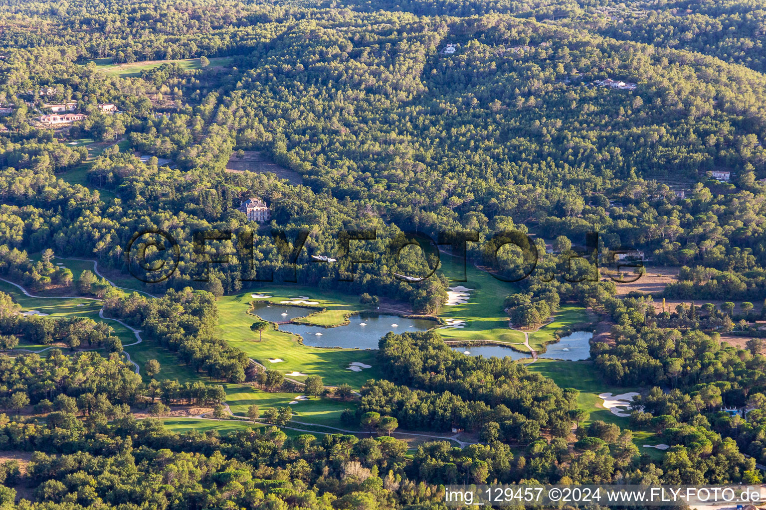 Aerial photograpy of Albatros Golf Performance Center, course 18 trous Le Château et Le Riou in Tourrettes in the state Var, France