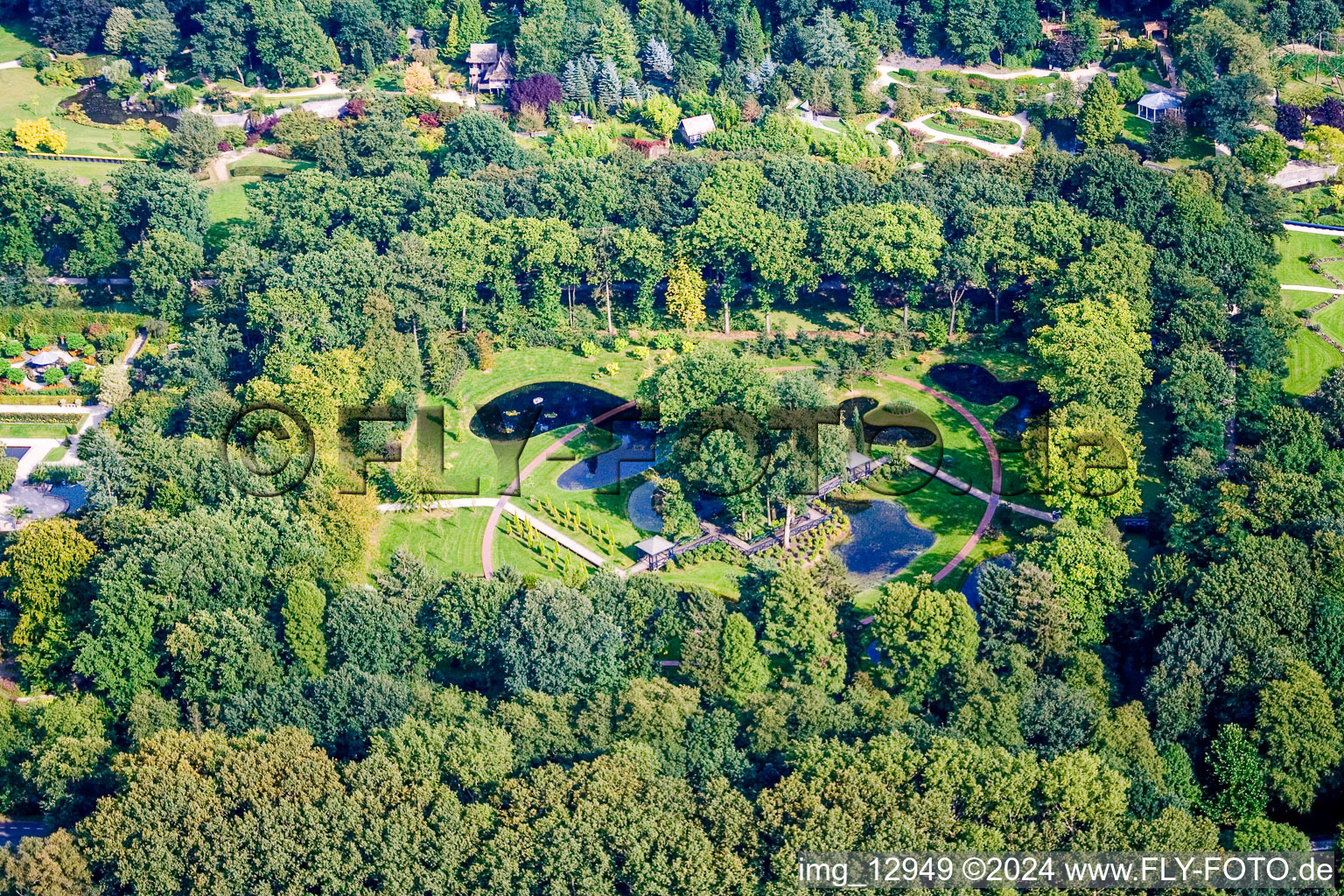 Aerial view of Building and castle park systems of water castle Kasteeltuinen Arcen in Arcen in Limburg, Netherlands