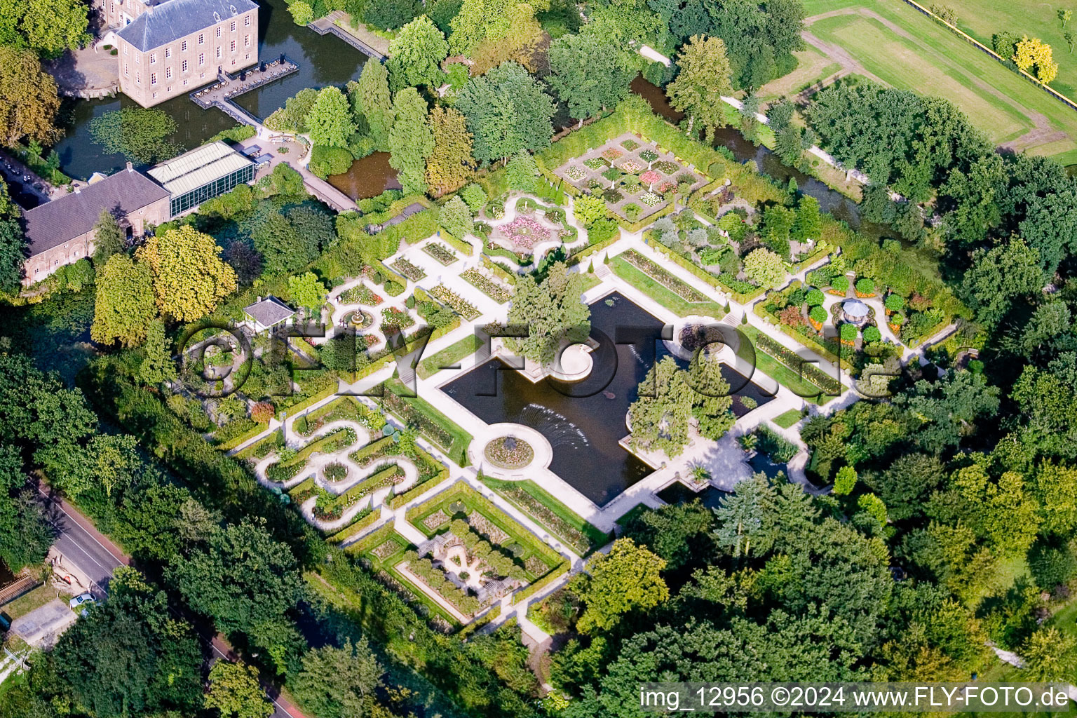 Oblique view of Building and castle park systems of water castle Kasteeltuinen Arcen in Arcen in Limburg, Netherlands