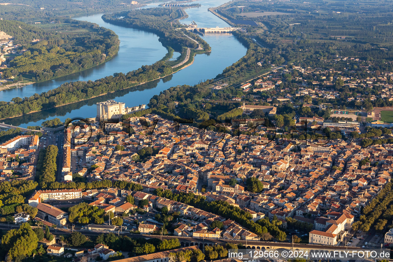 Aerial view of Château de Tarascon above the Rhone in Tarascon in the state Bouches du Rhone, France