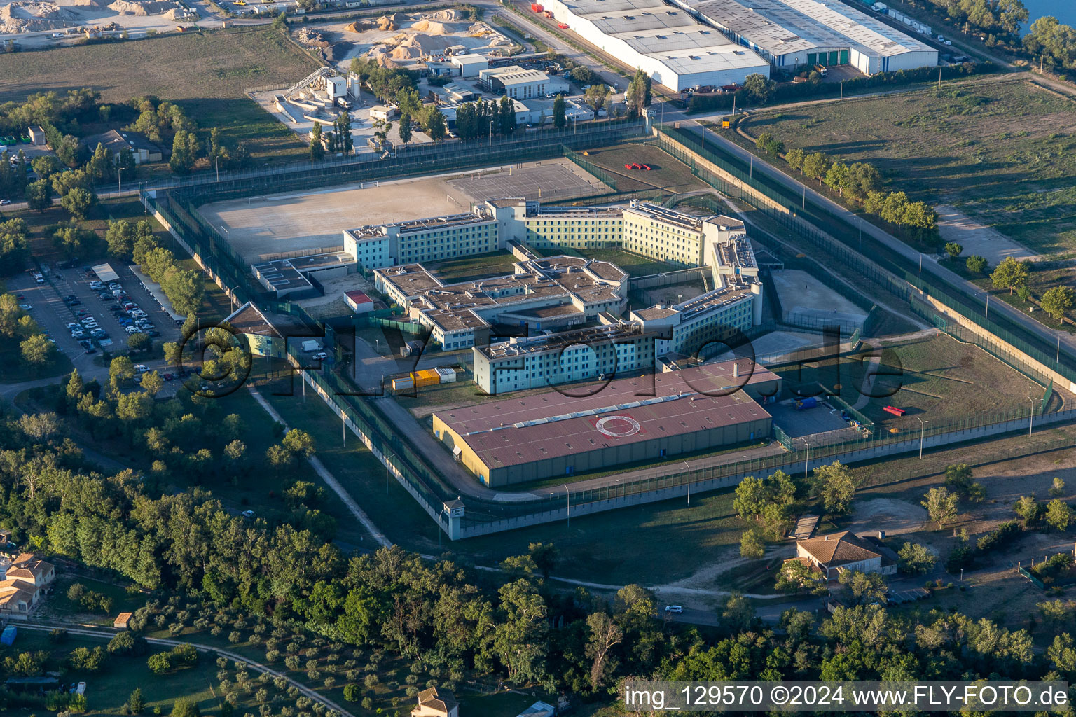 Aerial view of Prison grounds and high security fence Prison Detention center in Tarascon in Provence-Alpes-Cote d'Azur, France. Editorial use only !