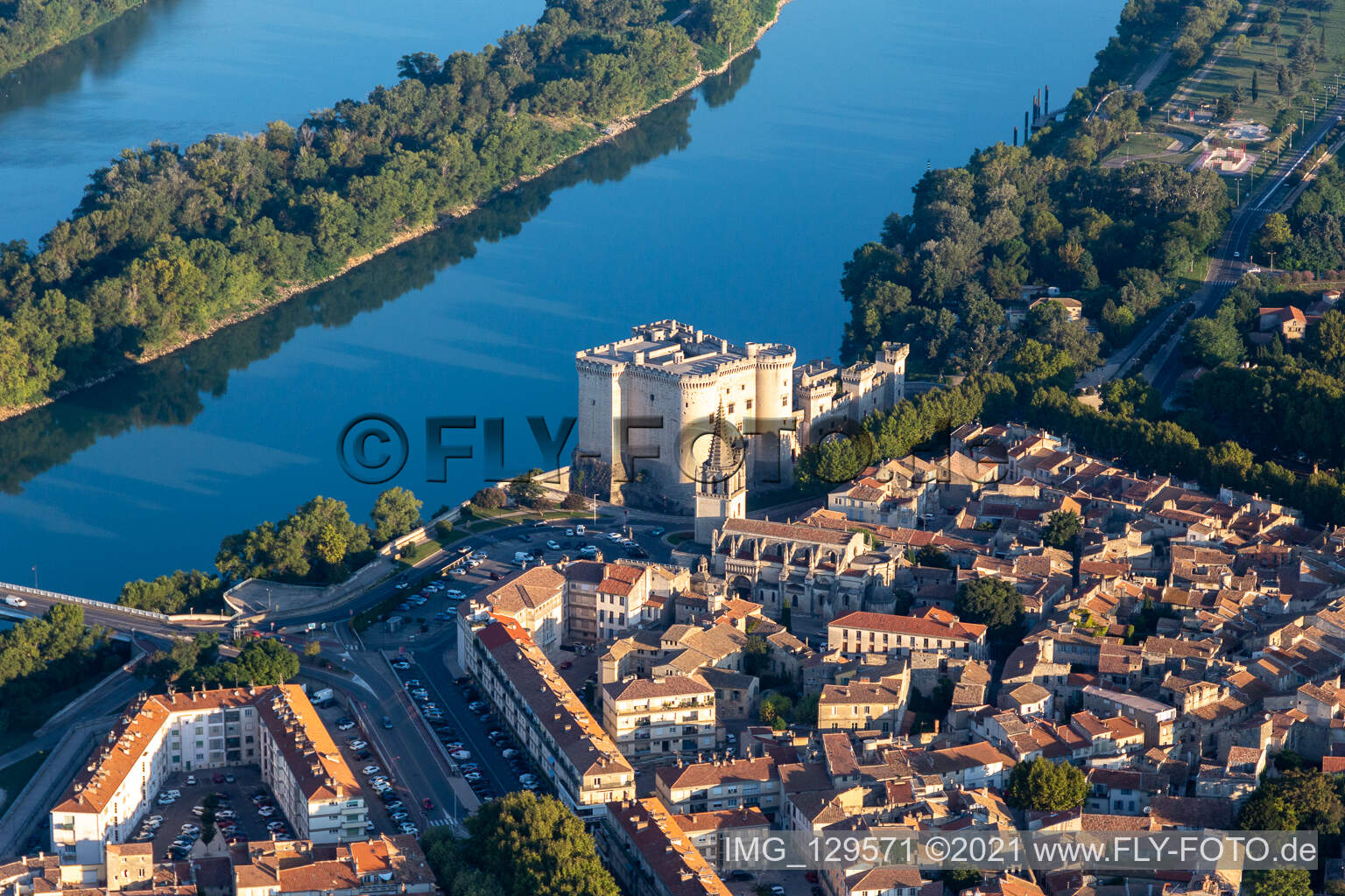 Aerial photograpy of Château de Tarascon above the Rhone in Tarascon in the state Bouches du Rhone, France