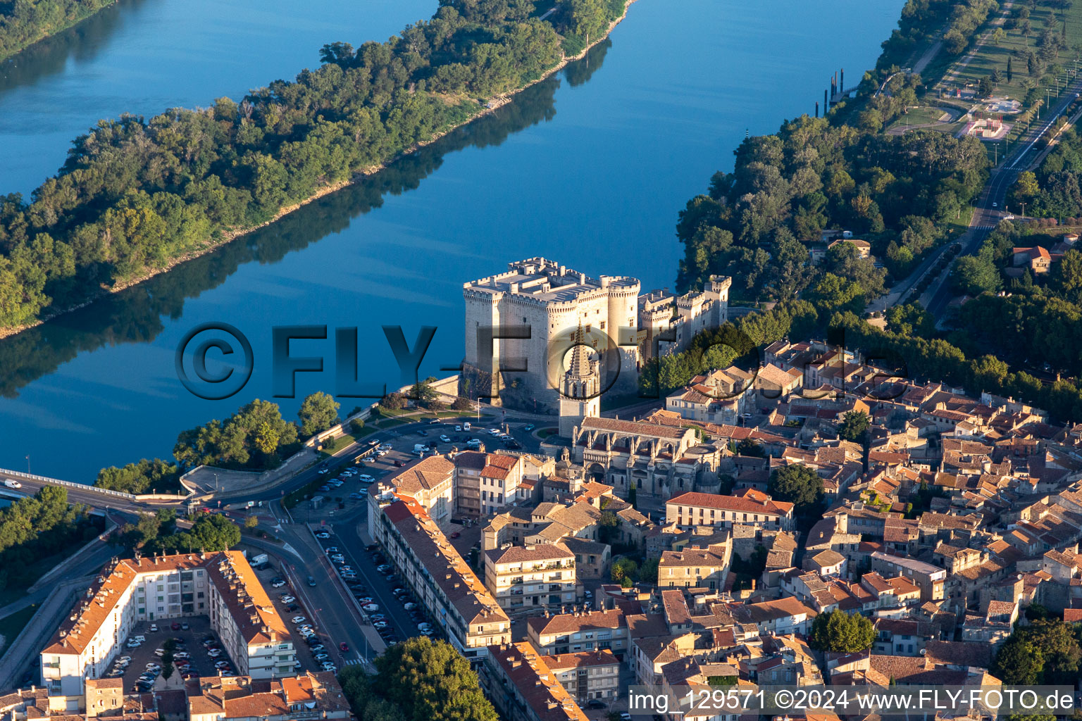 Aerial photograpy of Château de Tarascon above the Rhone in Tarascon in the state Bouches du Rhone, France