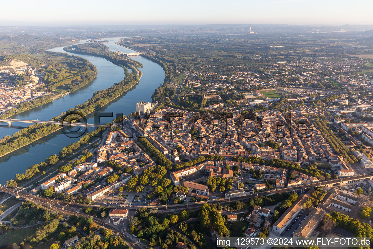 Oblique view of Château de Tarascon above the Rhone in Tarascon in the state Bouches du Rhone, France