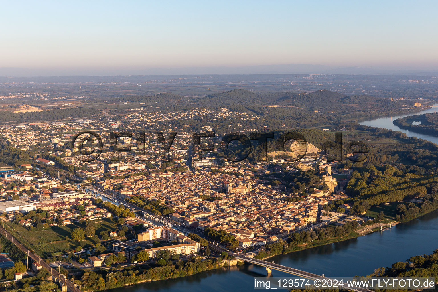 Village on the banks of the area of Rhone - river course in Beaucaire in Occitanie, France