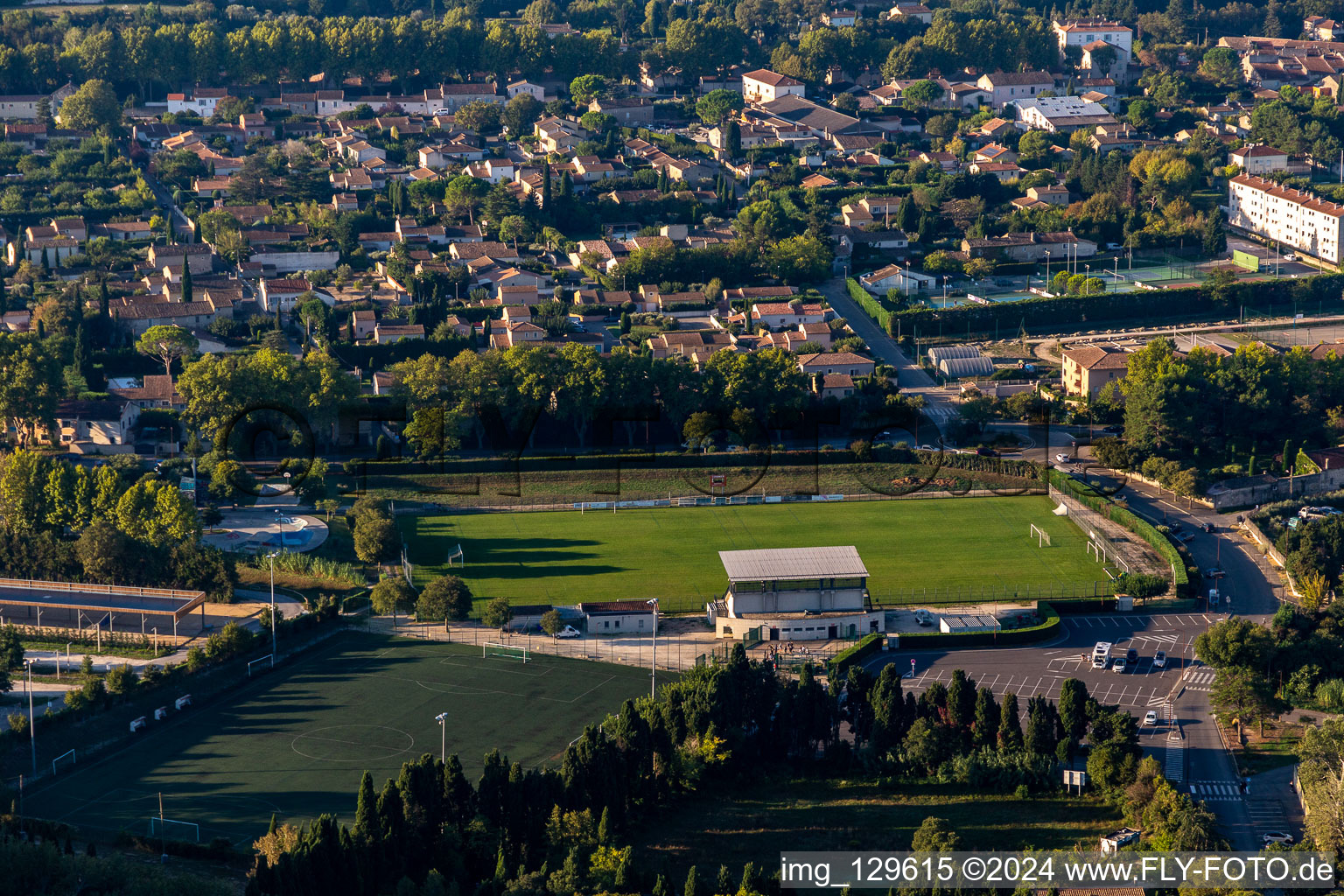 Aerial view of Stade de la Petite Crau in the district Partie Nord Est in Saint-Rémy-de-Provence in the state Bouches du Rhone, France