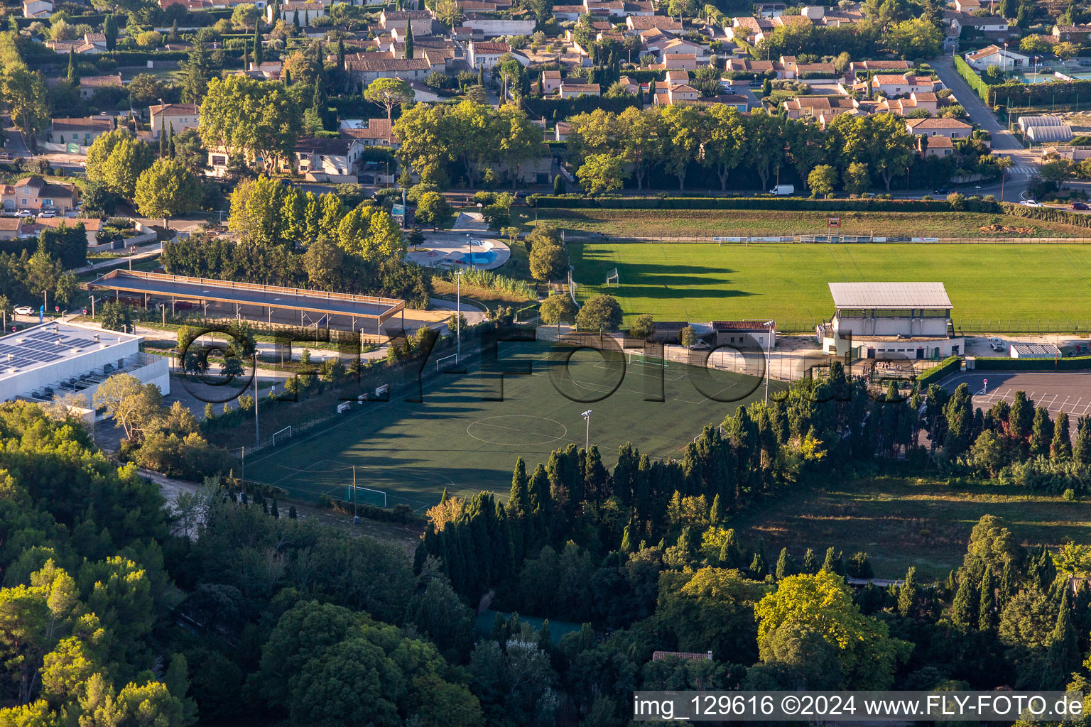 Aerial photograpy of Stade de la Petite Crau in the district Partie Nord Est in Saint-Rémy-de-Provence in the state Bouches du Rhone, France