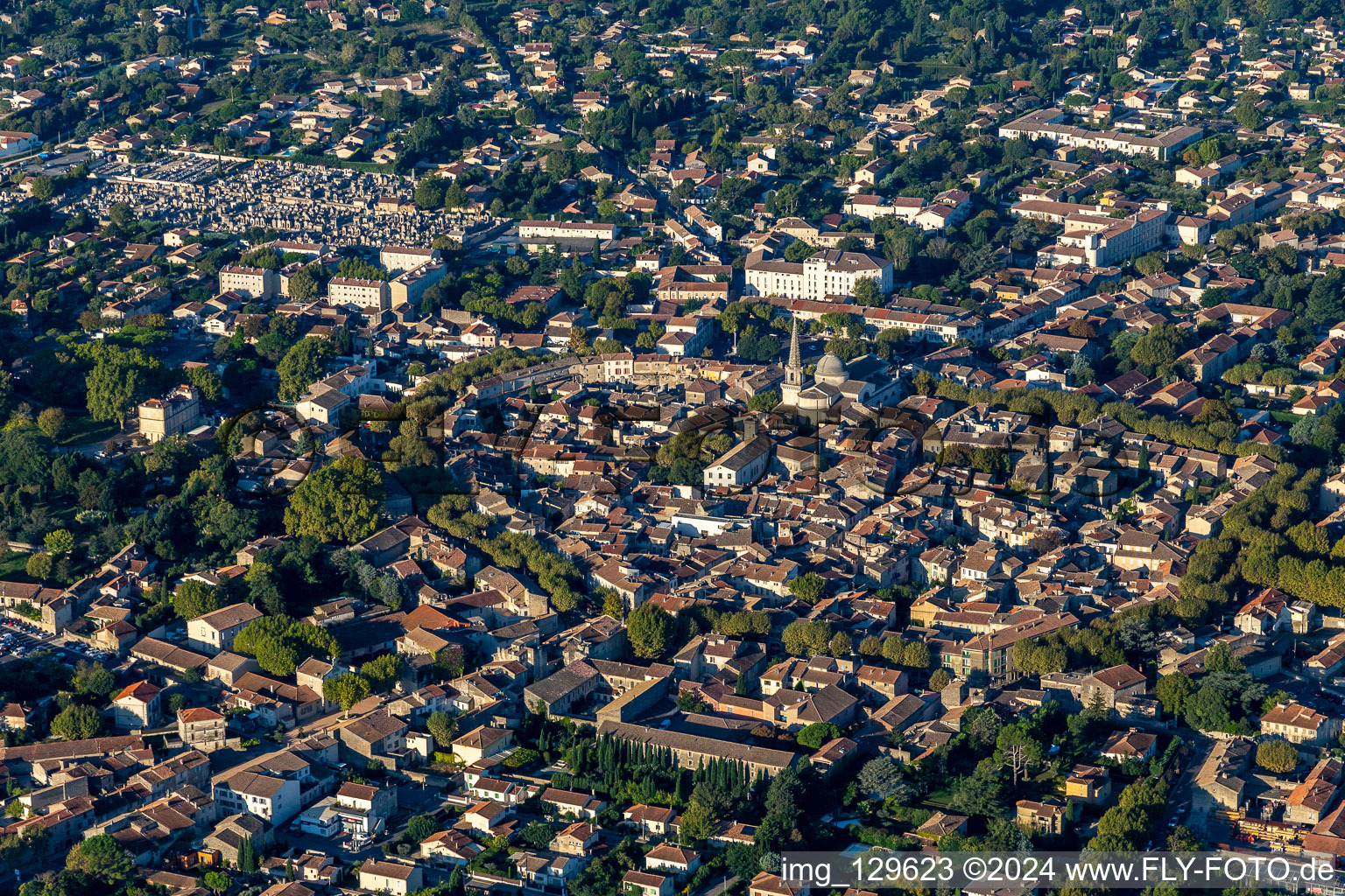 Aerial view of Old Town in the district Partie Nord Est in Saint-Rémy-de-Provence in the state Bouches du Rhone, France