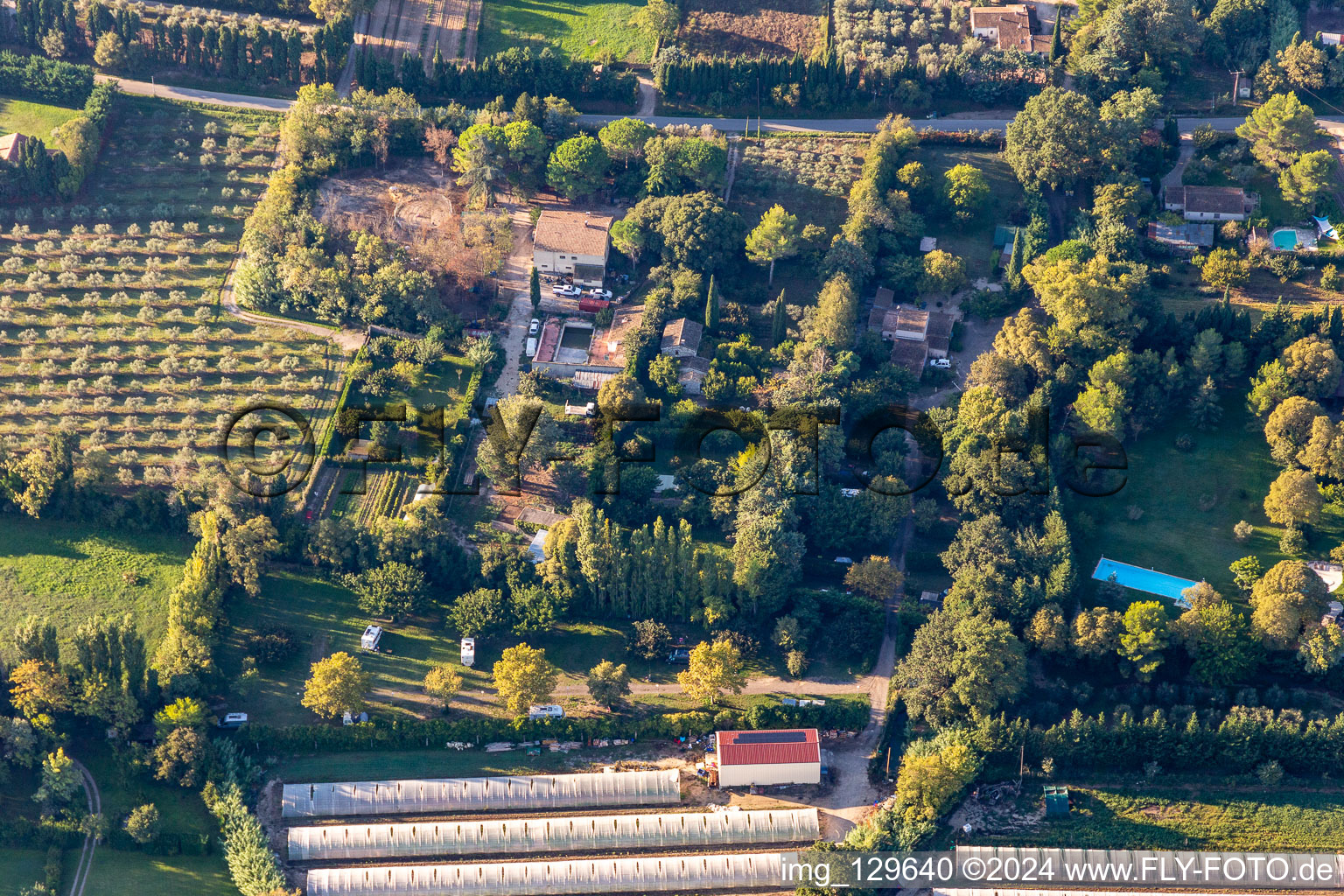 Aerial view of Camping A La Ferme in the district Les Écarts in Saint-Rémy-de-Provence in the state Bouches du Rhone, France