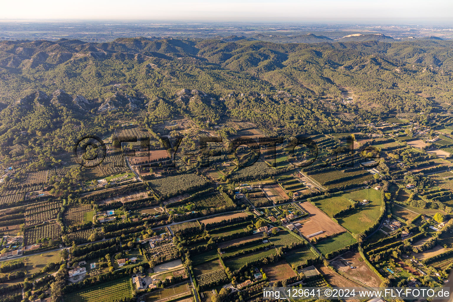 Aerial photograpy of Alpilles Massif in the district Les Écarts in Saint-Rémy-de-Provence in the state Bouches du Rhone, France