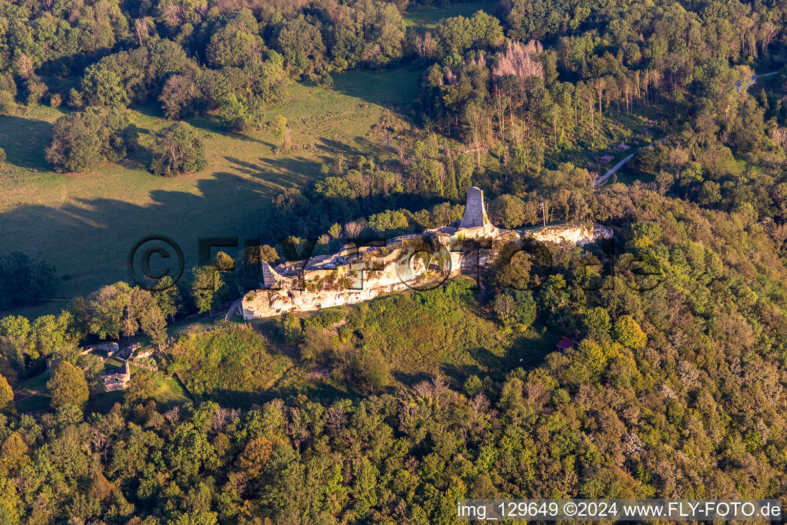 Aerial view of Castle fort in ruins of Montfaucon in Montfaucon in the state Doubles, France