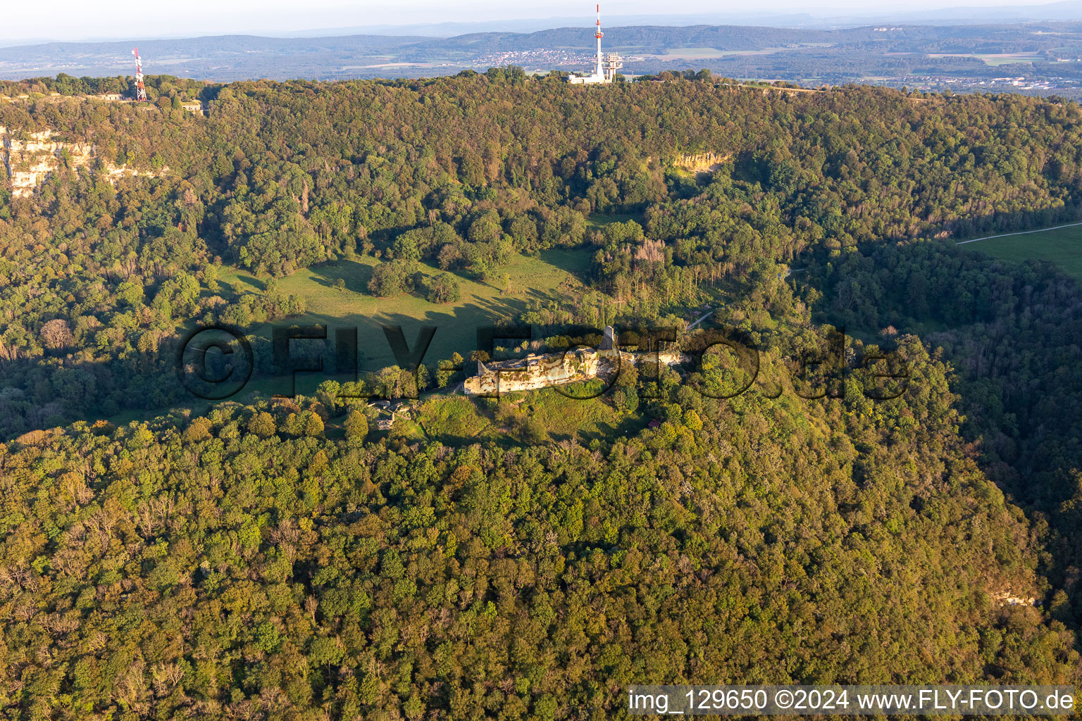 Aerial photograpy of Castle fort in ruins of Montfaucon in Montfaucon in the state Doubles, France