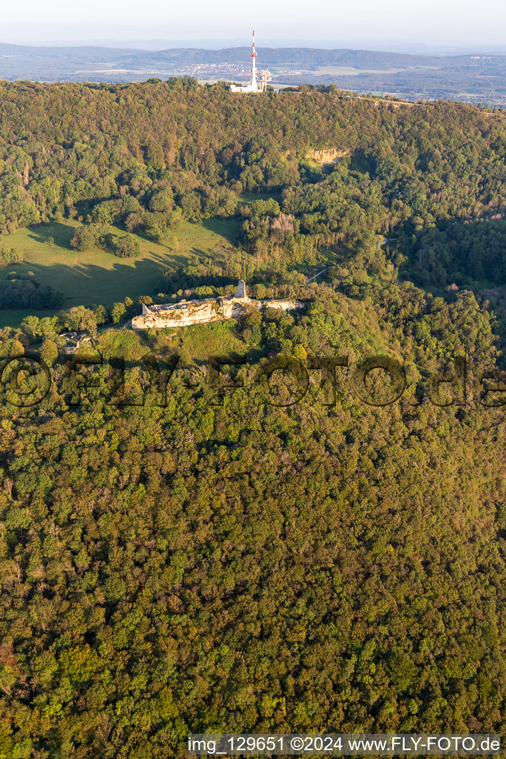 Oblique view of Castle fort in ruins of Montfaucon in Montfaucon in the state Doubles, France