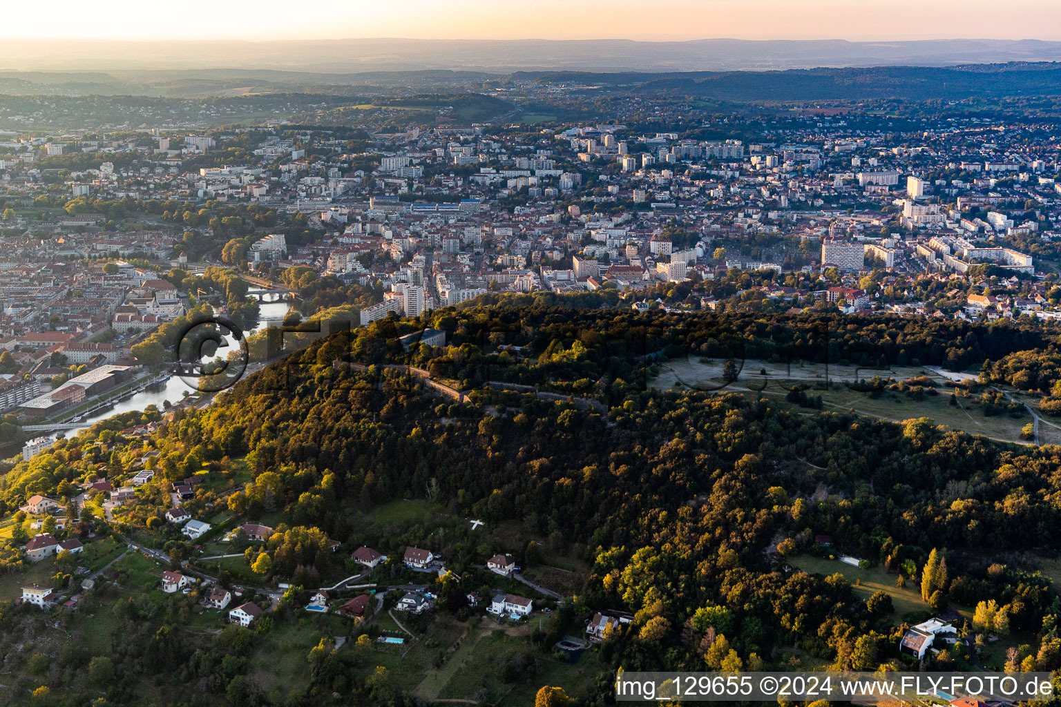 Aerial view of Fort de Bregille and Grand Desert in the district Brégille in Besançon in the state Doubles, France