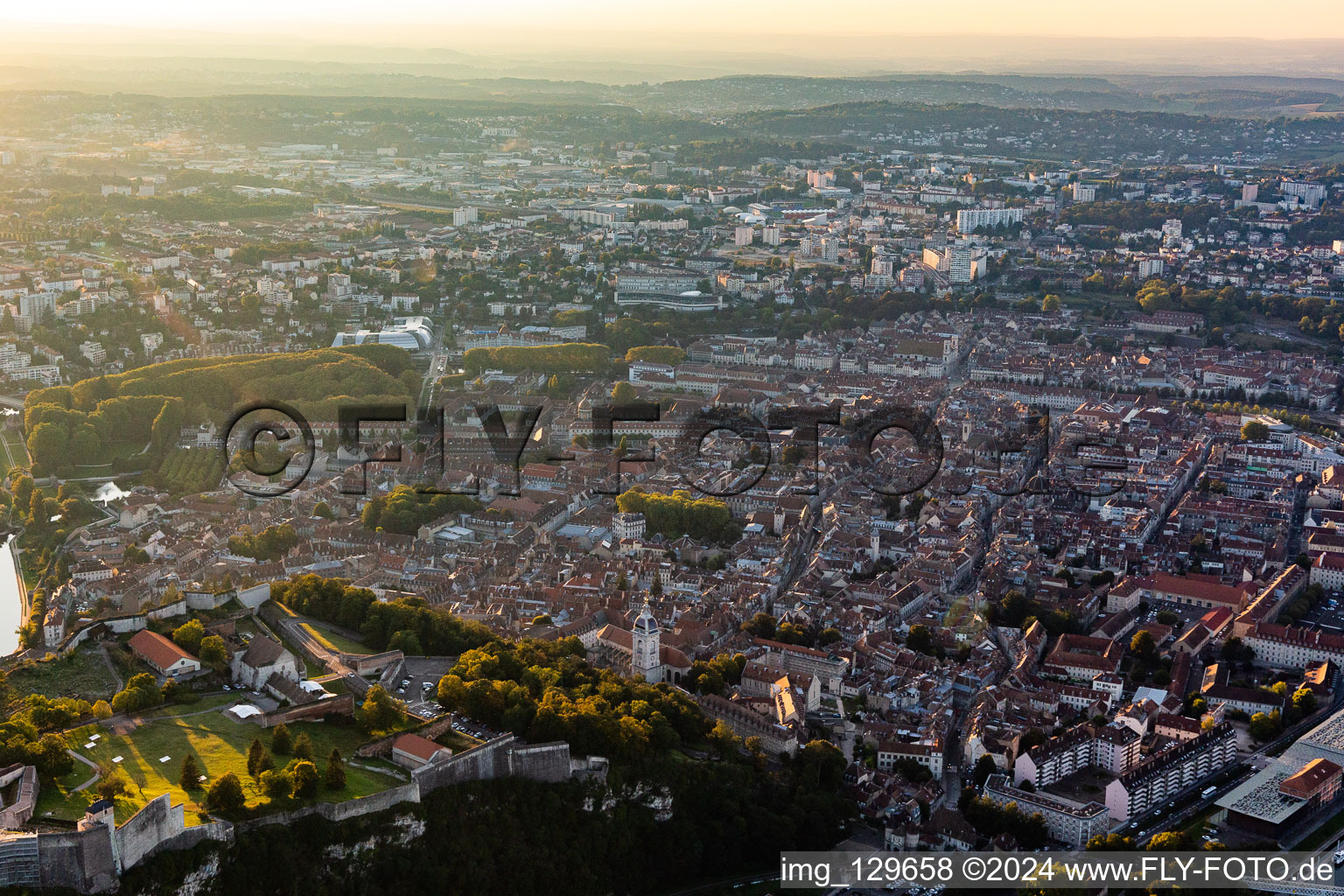 Old Town area and city center within a loop of the river Doubs in Besançon in Bourgogne-Franche-Comte, France