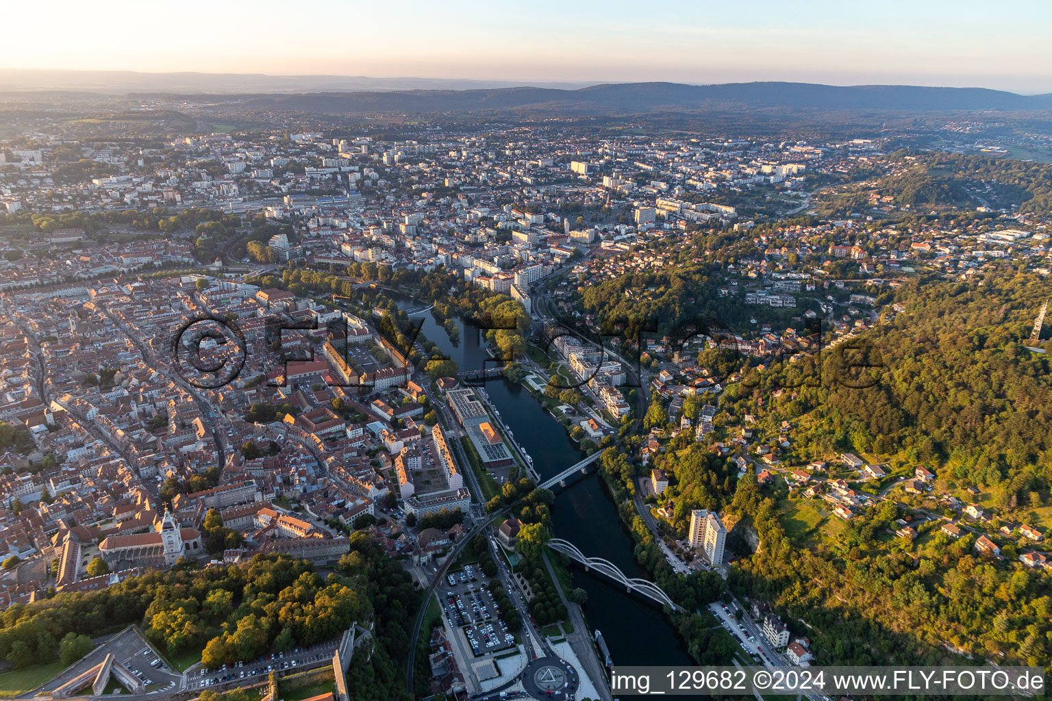 Old Town area and city center within a loop of the river Doubs in Besançon in Bourgogne-Franche-Comte, France