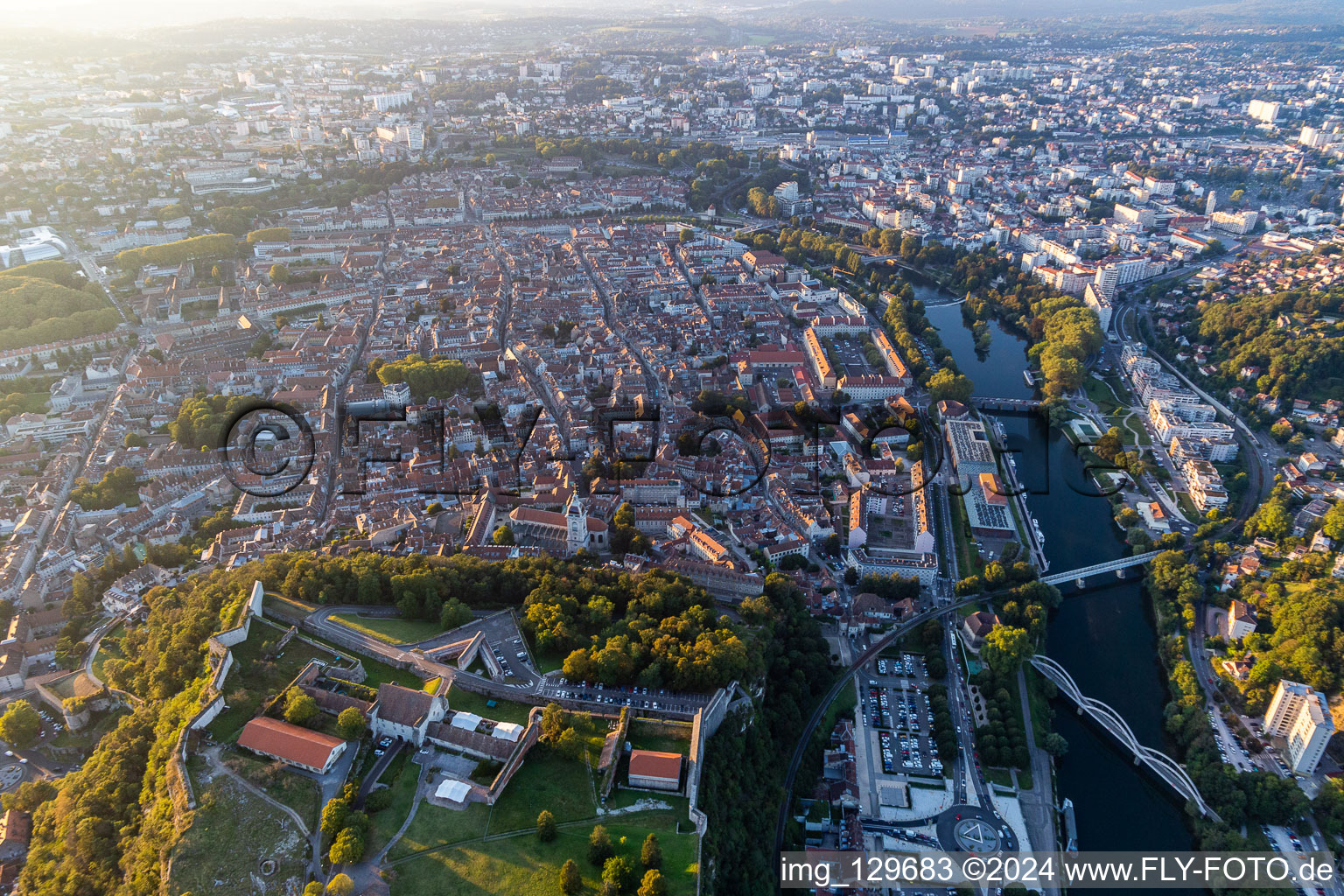 Aerial view of Old town view of Citadelle in the district Citadelle in Besançon in the state Doubles, France