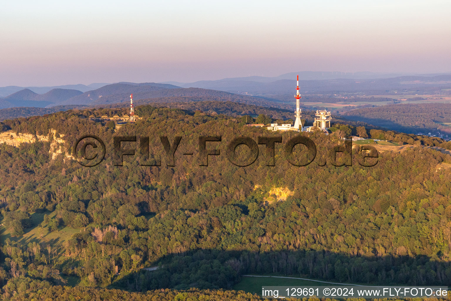 Aerial view of Belvédère de Montfaucon with transmission tower TéléDiffusion De TDF and relay radio ERDF in Montfaucon in the state Doubles, France