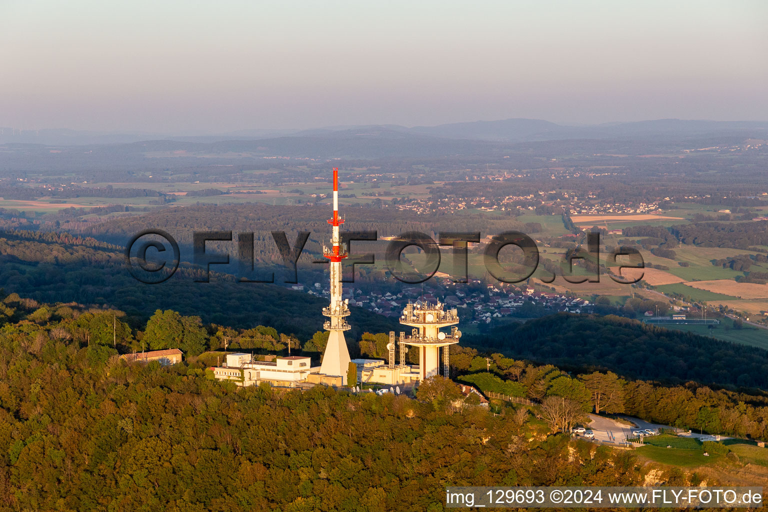 Aerial photograpy of Belvédère de Montfaucon with transmission tower TéléDiffusion De TDF and relay radio ERDF in Montfaucon in the state Doubles, France