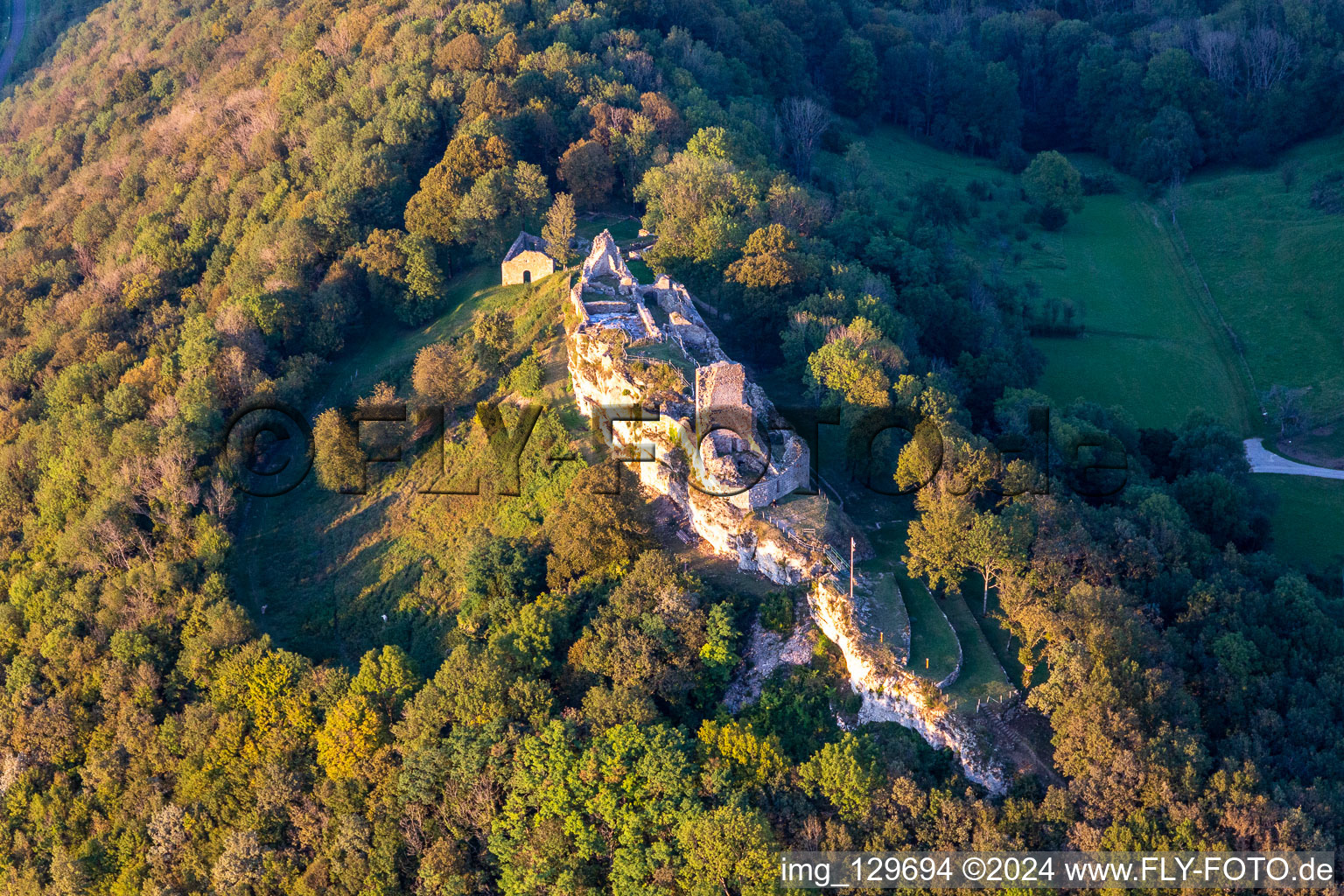 Aerial view of Château fort en ruine de, Belvedere and Fointaine Montfaucon sur le Doubs in Montfaucon in the state Doubles, France