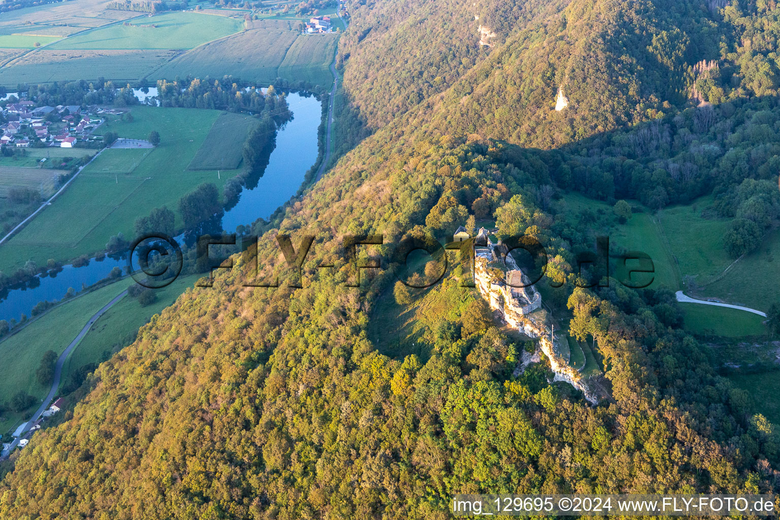 Ruins and vestiges of the former castle Chateau fort de Montfaucon, Belvedere Montfaucon on top of the river Doubs in Montfaucon in Bourgogne-Franche-Comte, France