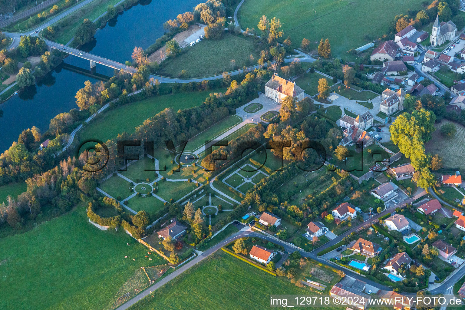 Aerial view of Château de Vaire in Vaire-Arcier in the state Doubles, France