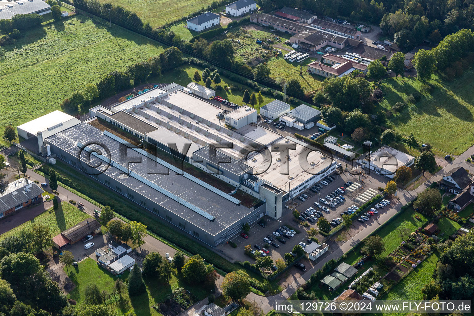 Aerial view of Building and production halls on the premises of Unternehmens Webasto Mechatronics in Schaidt in the state Rhineland-Palatinate, Germany