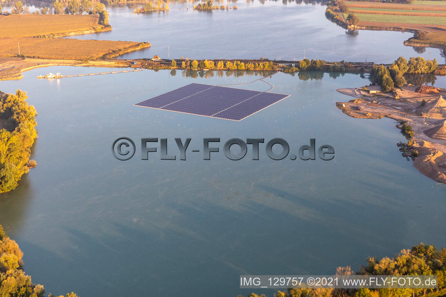 Floating photovoltaic island on Kiesweier in Leimersheim in the state Rhineland-Palatinate, Germany