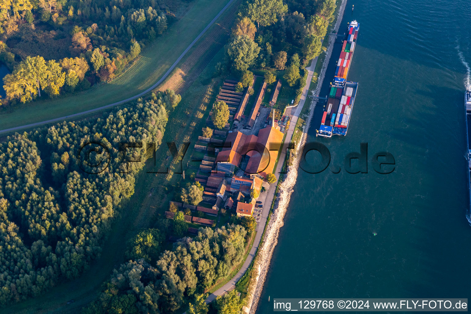 Aerial view of Brickworks Museum Sondernheim on the banks of the Rhine in the district Sondernheim in Germersheim in the state Rhineland-Palatinate, Germany