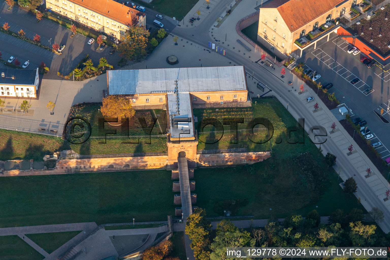 Aerial view of Weissenburg Gate Building in Germersheim in the state Rhineland-Palatinate, Germany