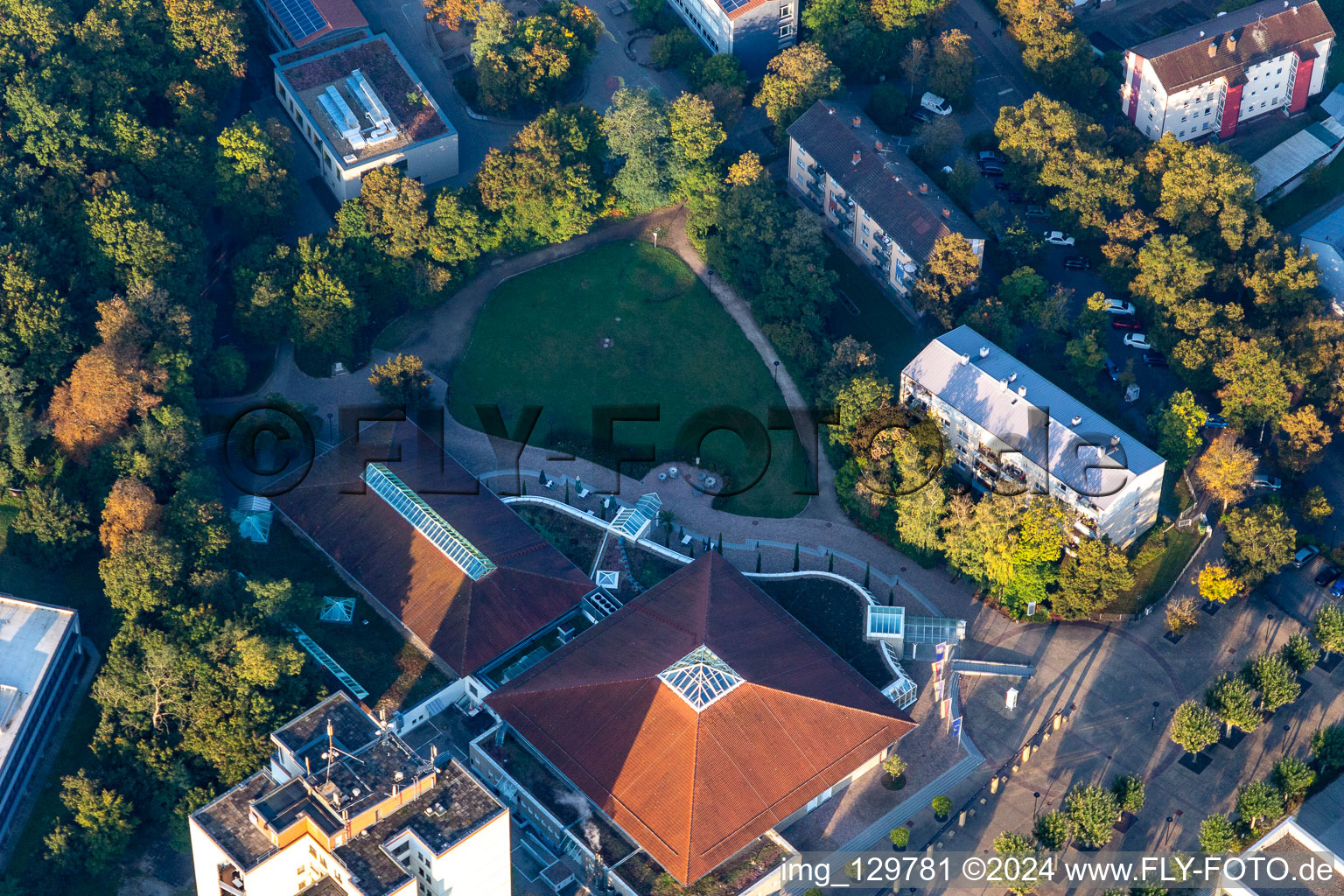 Aerial view of City Hall, City Garden in Germersheim in the state Rhineland-Palatinate, Germany