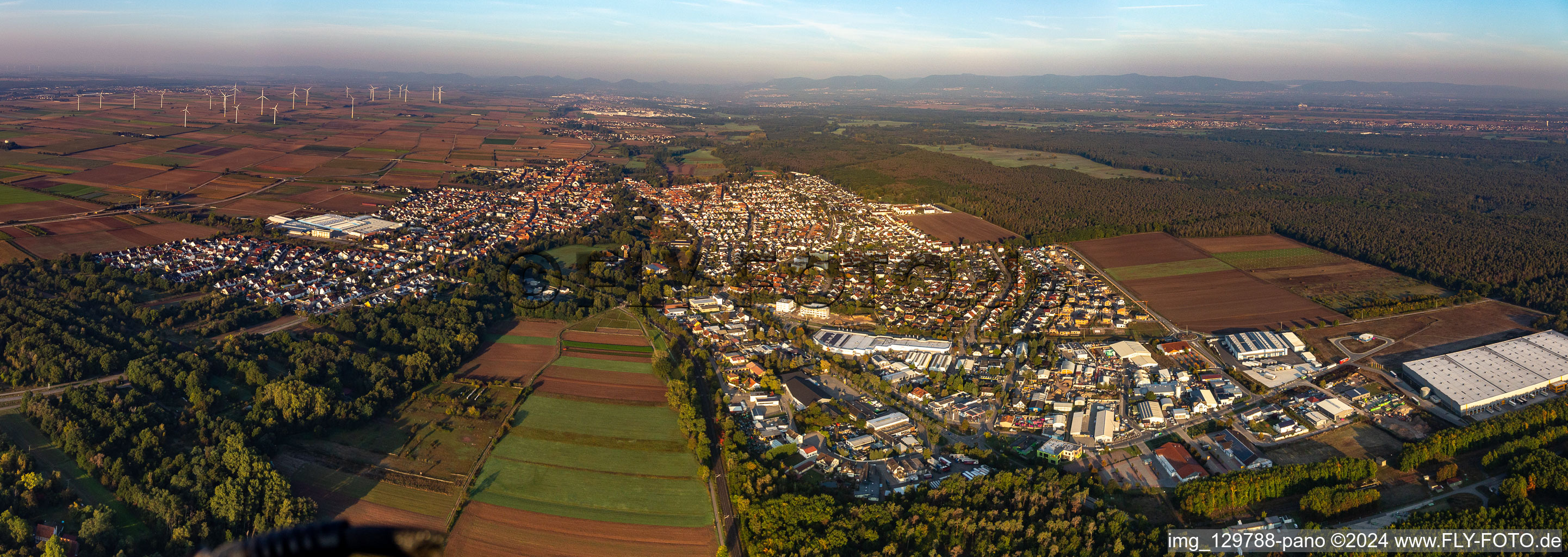 Panoramic perspective if the city area with outside districts and inner city area in Bellheim in the state Rhineland-Palatinate, Germany