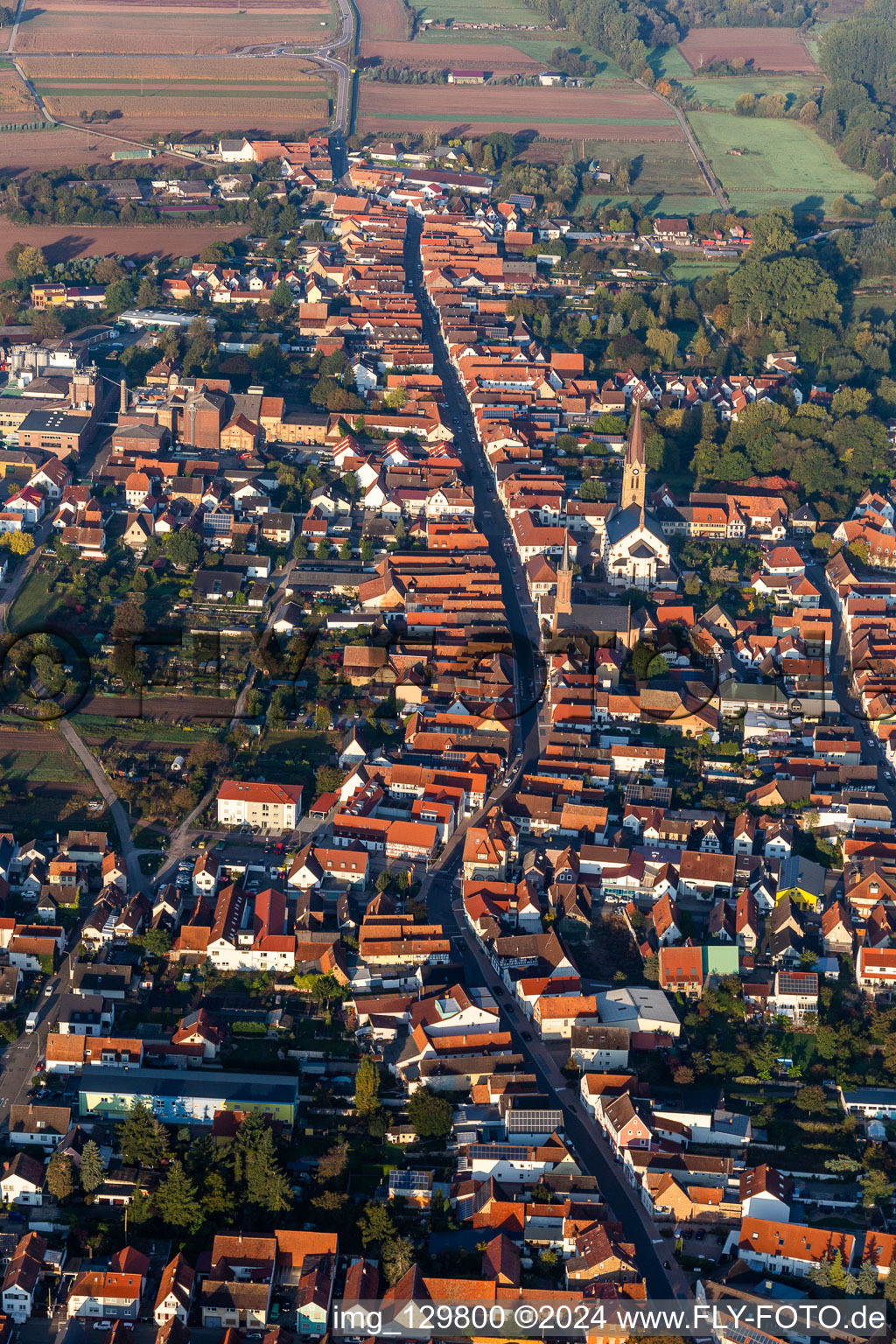 Aerial photograpy of Town View of the streets and houses of the residential areas in Bellheim in the state Rhineland-Palatinate, Germany