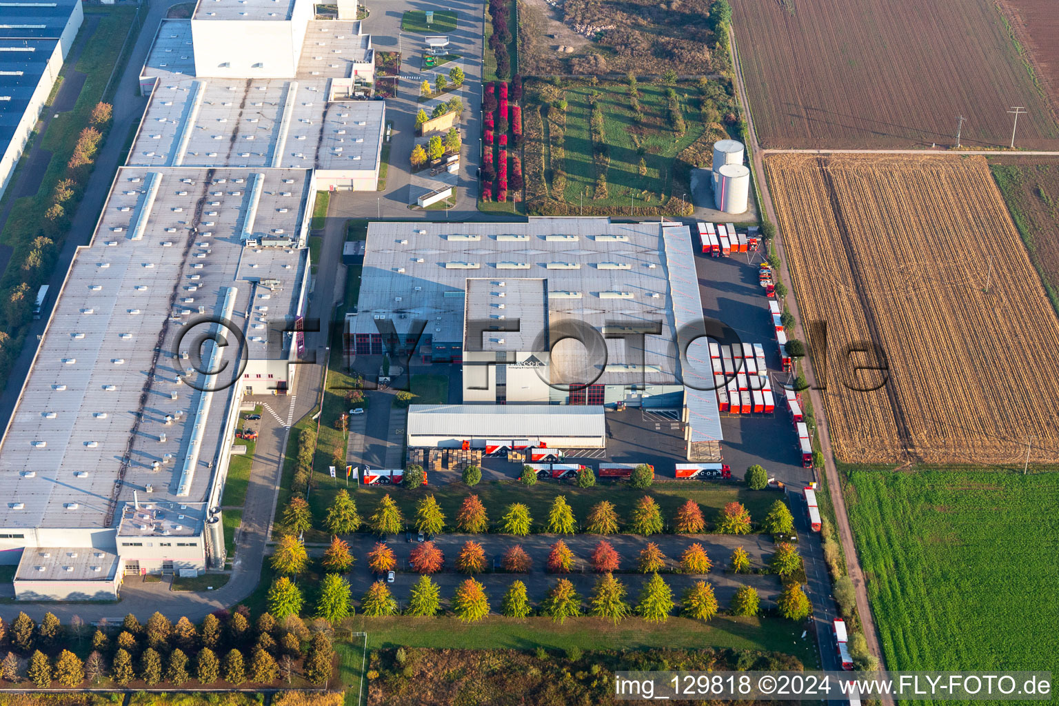 Oblique view of Warehouses and forwarding building of Tricor Packaging & Logistics AG in Offenbach an der Queich in the state Rhineland-Palatinate, Germany